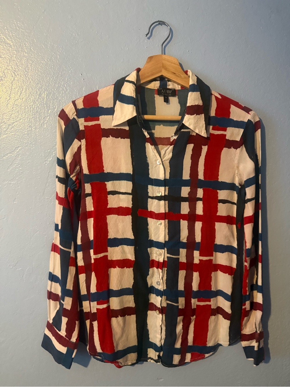 Armani Jeans Plaid Button-Down Shirt in Ivory, Red and Navy